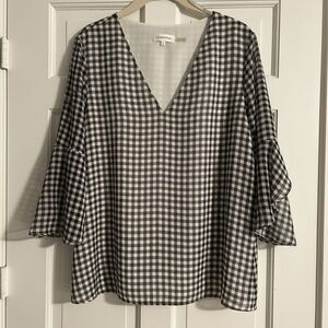 Calvin Klein Black White Gingham Chiffon Bell Sleeve V-Neck Blouse Size XL